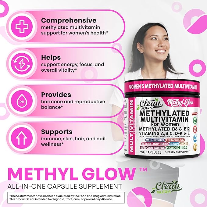 Methylated Multivitamin for Women Vitamins B6 Methyl B12 A B C D K E Folate Choline Omega 3 Thiamine Riboflavin Iron Iodine Magnesium Zinc Selenium Copper Calcium 90 Capsules by Clean Nutra