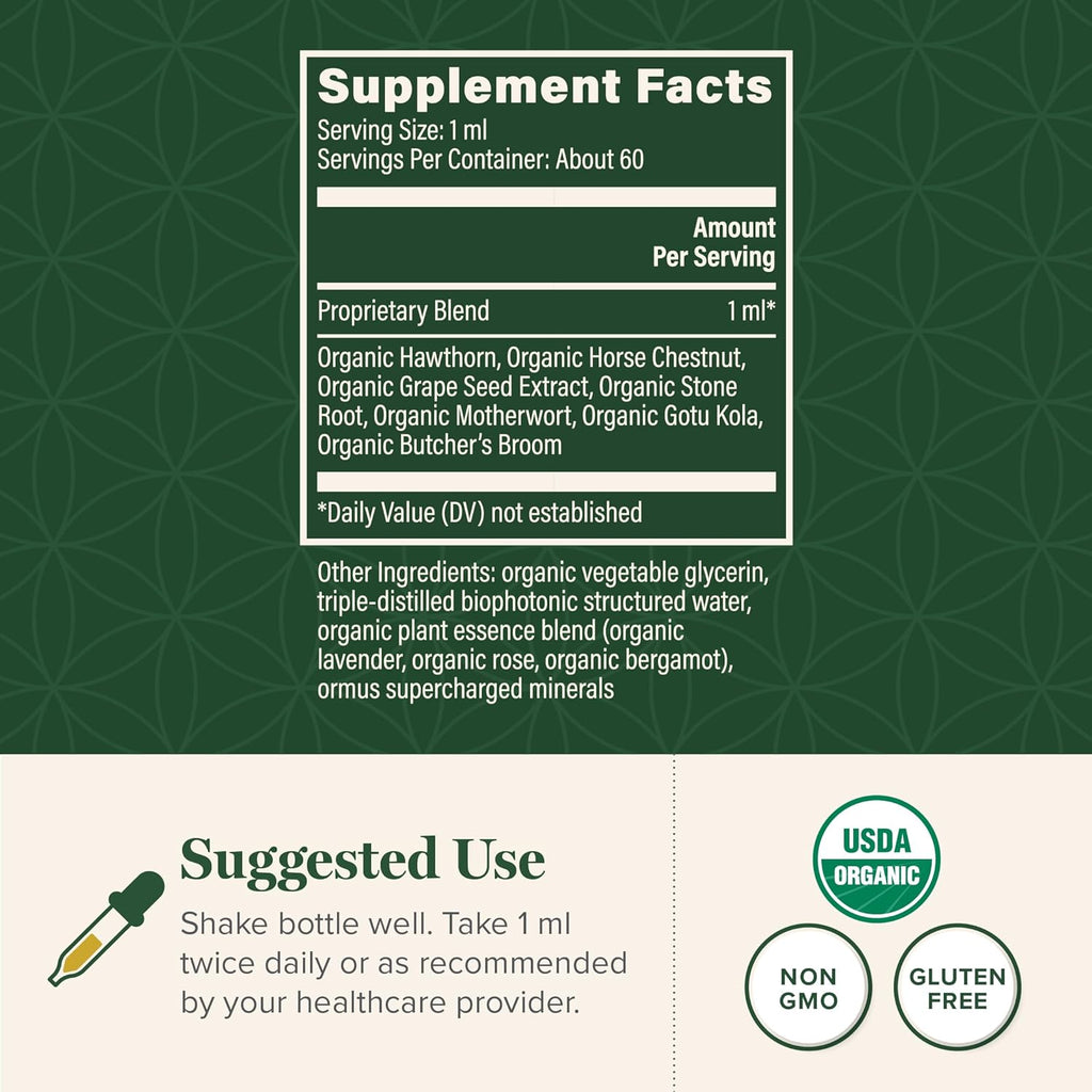 Global Healing Plant-Based Vein Health Liquid Vegan Supplement Drops to Support Blood Flow & Circulation, Helps with Spider & Varicose Veins for Healthy Legs - Organic Horse Chestnut Root - 2 Fl oz