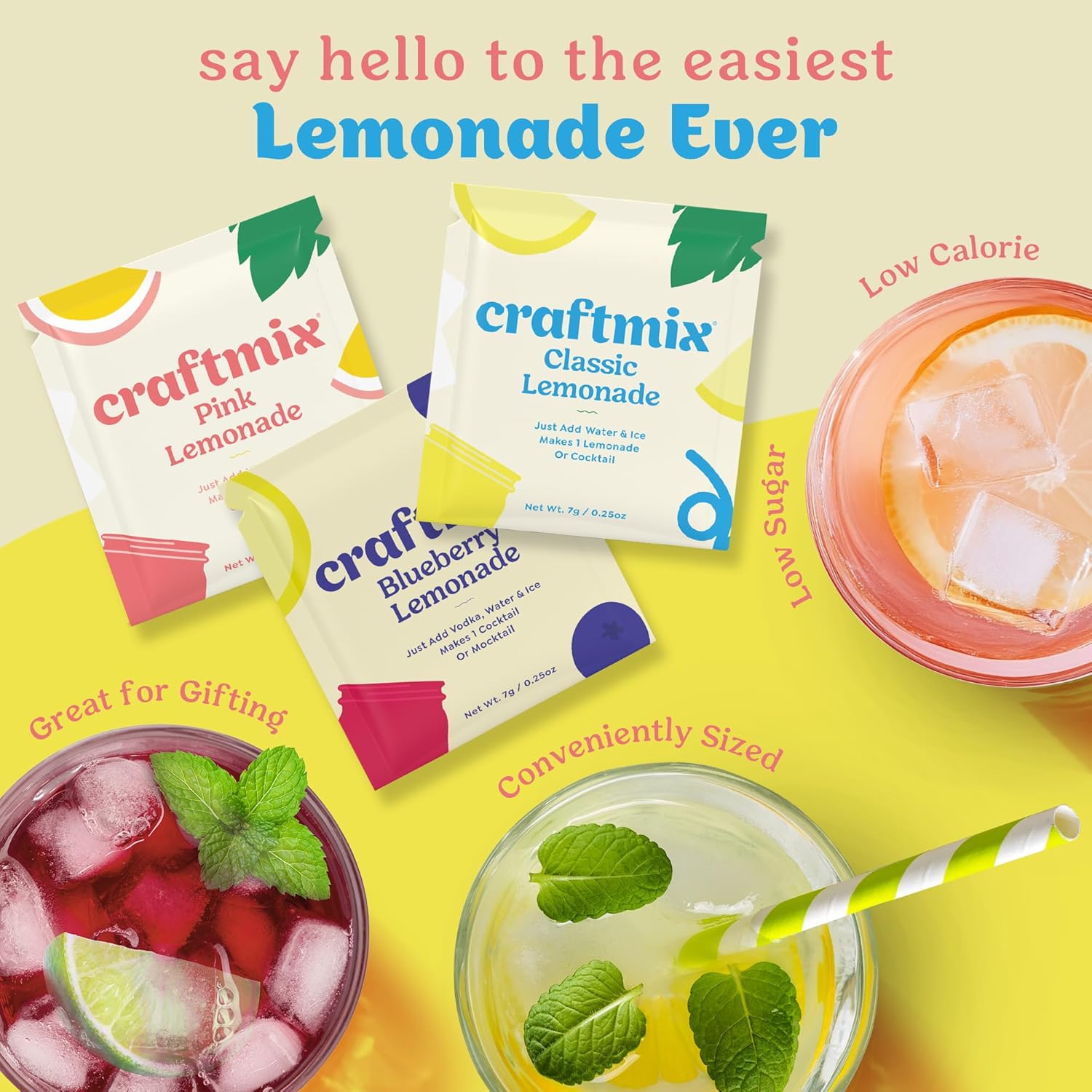 Craftmix Lemonade Variety Mix, 12 Packets, Easy Powder Drink with Real Fruit, Low-Sugar, Vegan, Low-Carb, Non-GMO, Dairy-Free, Gluten-Free, Flavored Water Enhancer, On-the-Go Water Flavoring Packets