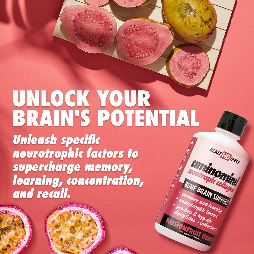 HEALTH DIRECT - AminoMind - Nootropic Collagen Supplement for Brain Health and BDNF - Pro-Hyp & Hyp-Gly Dipeptides, Coffeeberry Antioxidants - Passionfruit Guava - 14 Fl Oz (28 Servings)