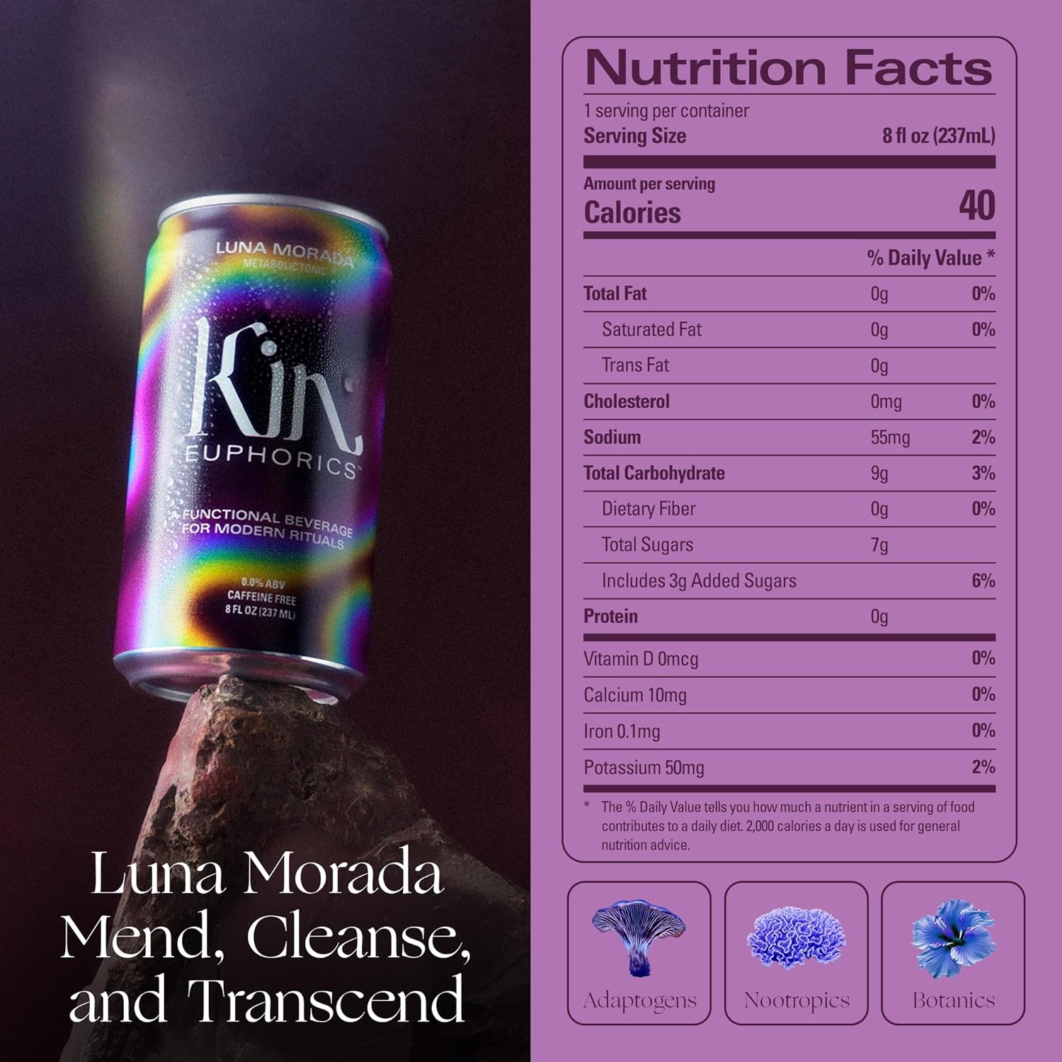 Kin Euphorics Luna Morada Non-Alcoholic Functional Beverage | Metabolic Tonic for Digestive & Liver Support | Caffeine-Free & Functional Beverage | 8 Fl Oz (12pk)