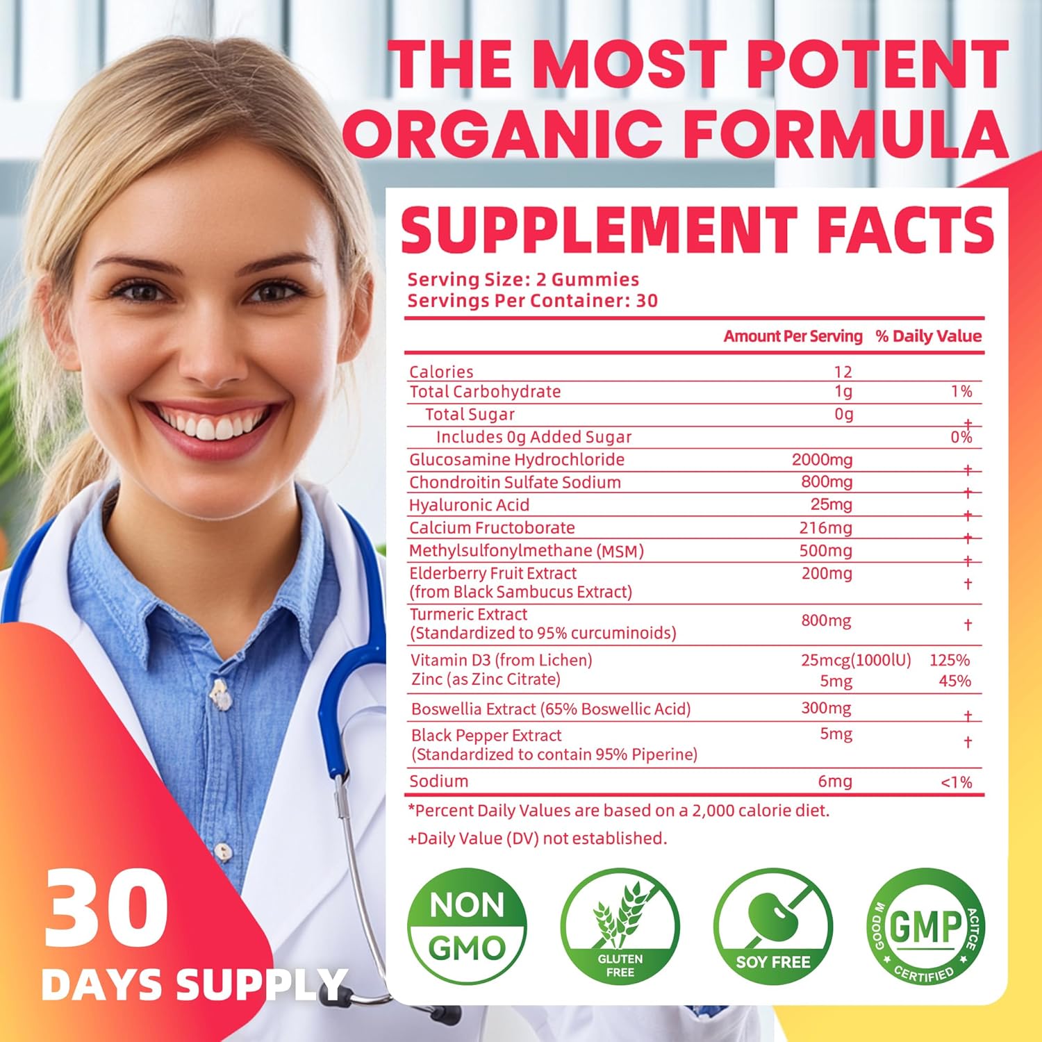 Glucosamine Chondroitin Gummies with MSM & Elderberry Extra Strength - Joint Support, Antioxidant Immune Support Supplement for Adults, Men & Women.Strawberry