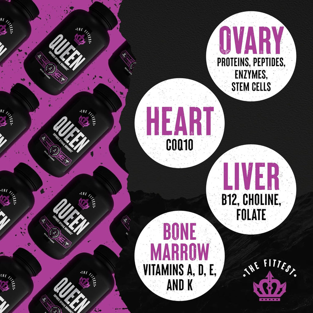 The Fittest Queen Supplement - Supports Hormone Balance, Fertility, Performance and Energy for Women - Grass fed Bovine Ovary, Liver, Bone Marrow & Heart - 180 Capsules