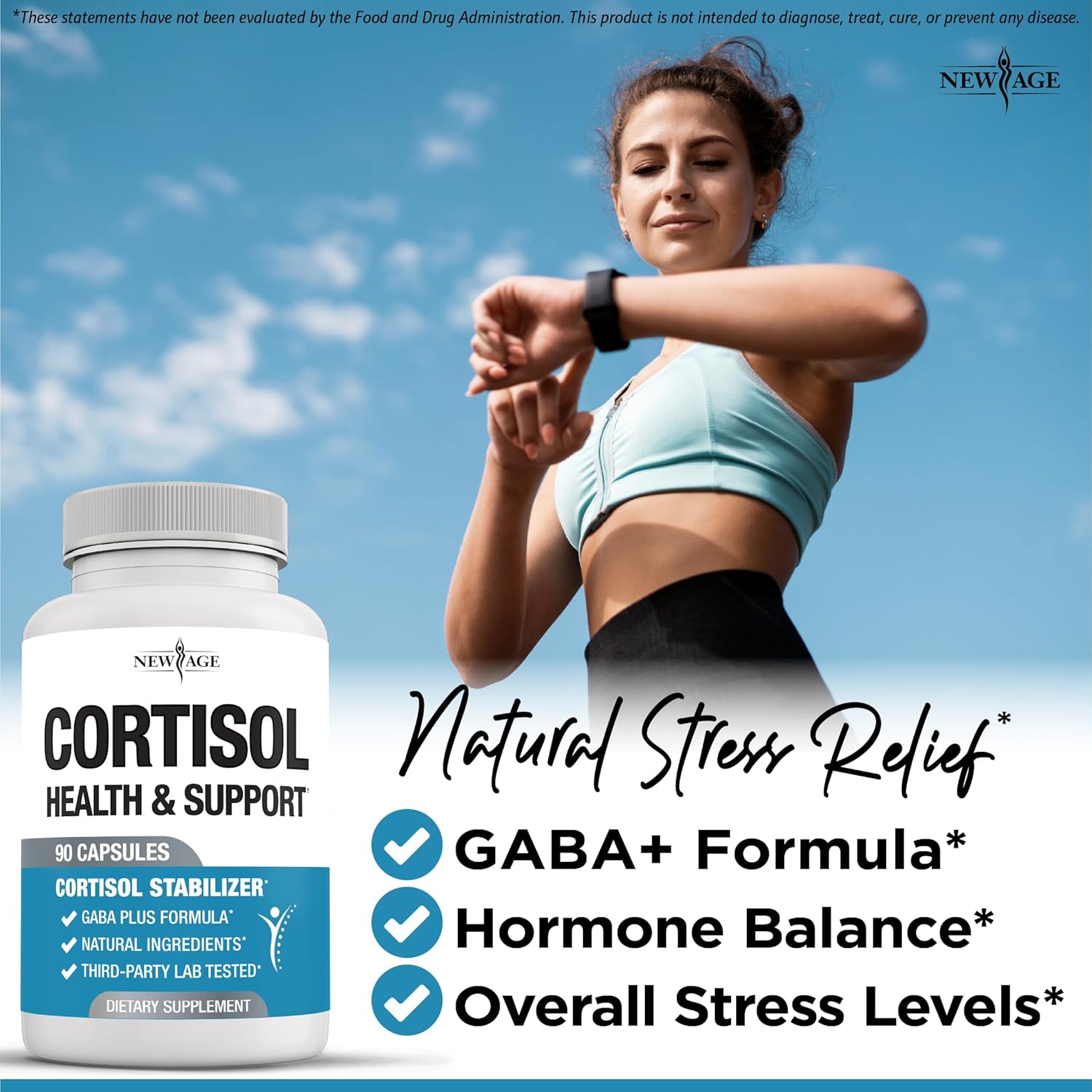 NEW AGE Cortisol Supplement for Women - Cortisol Detox Manager Reducer- Ashwagandha, GABA, 5 HTP, L-Tryptophan, L-Theanine - 90 Count