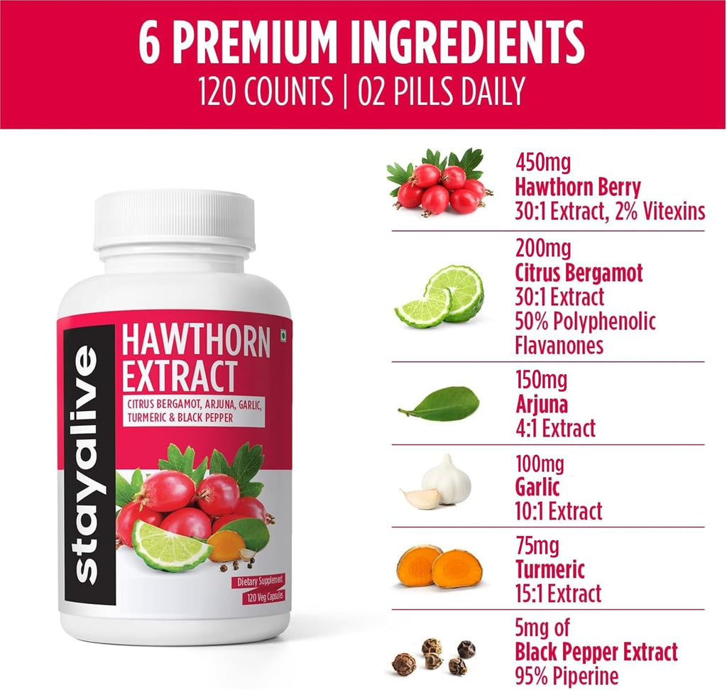 STAY ALIVE Extra Strength Hawthorn Berry Capsules, 20:1 Extract, 6-in-1 Antioxidant w/Citrus Bergamot, Turmeric Root Powder, Garlic, Arjuna & Black Pepper, 120 Vegan Pills, Hawthorne Berry Supplement