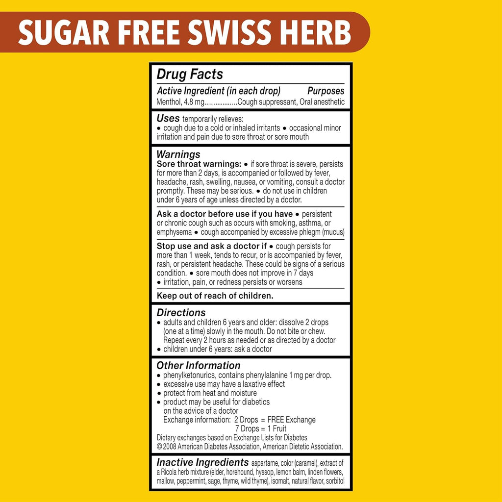Ricola Sugar Free Swiss Herb Cough Drops, 19 Count, Cough Suppressant & Throat Relieving Drops with Naturally Sourced Menthol, Pleasing Taste for Coughs & Throat Irritation Symptom Relief