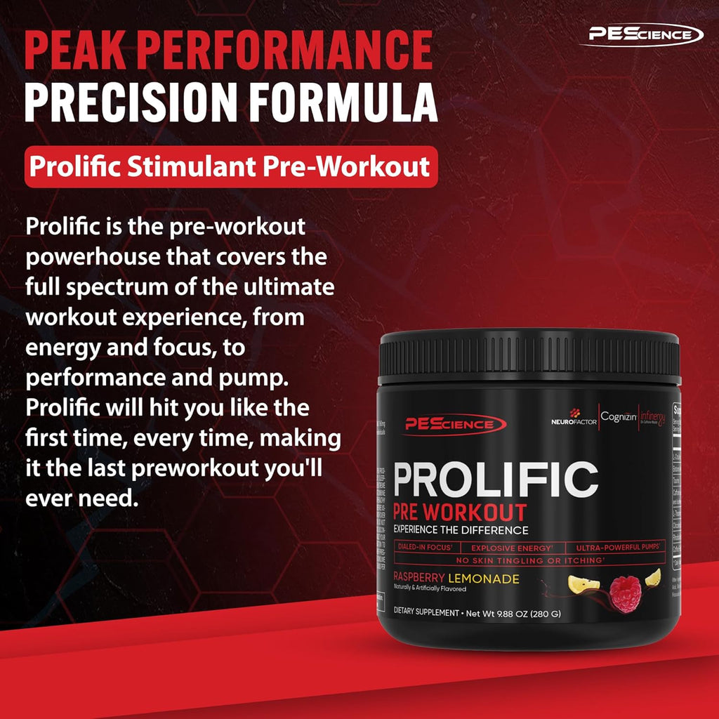 PEScience Prolific Pre Workout Powder for Men & Women with L-Citrulline Nitric Oxide Booster, Energy Powder & Nootropic for Focus – Preworkout Without Beta Alanine – 40 Scoops, Raspberry Lemonade