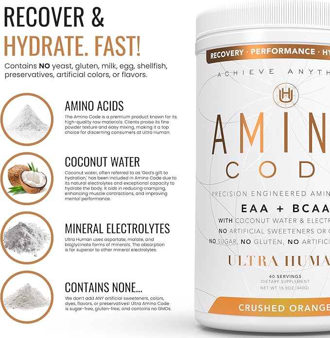 Ultra Human Amino Code | Essential Amino Acids + BCAAs + Coconut Water Electrolytes | Fast Hydration Workout Recovery Flavored Amino Energy Powder Drink | Clean Formula, 40 Servings - Crushed Orange