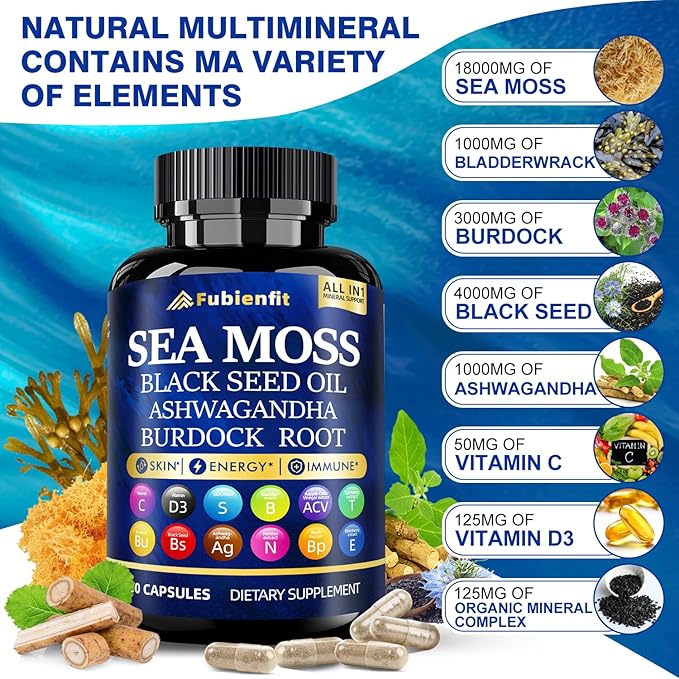 Organic Irish Sea Moss Capsules withs Black Seed Oil，Ashwagandha，Bladderwrack, Burdock, Ginger, Vitamin C & D3 – All-in-One Immune Support, Energy, Skin & Gut Health – Vegan, Non-GMO