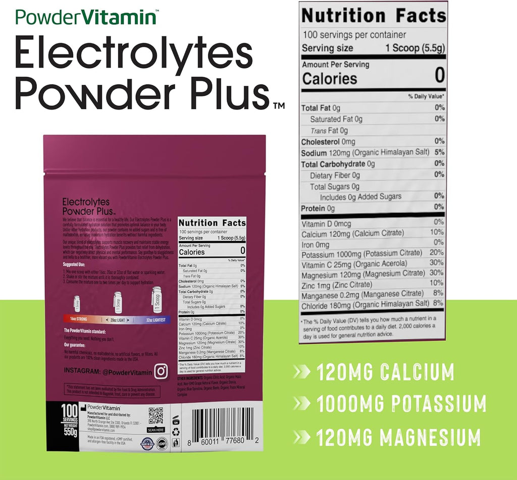 PowderVitamin Electrolytes Powder Plus (100 Servings) Grape Electrolyte Powder Zero Calorie Keto, 0 Sugar, No Maltodextrin,1000mg Potassium,120mg Calcium,120mg Magnesium, Hydration Powder