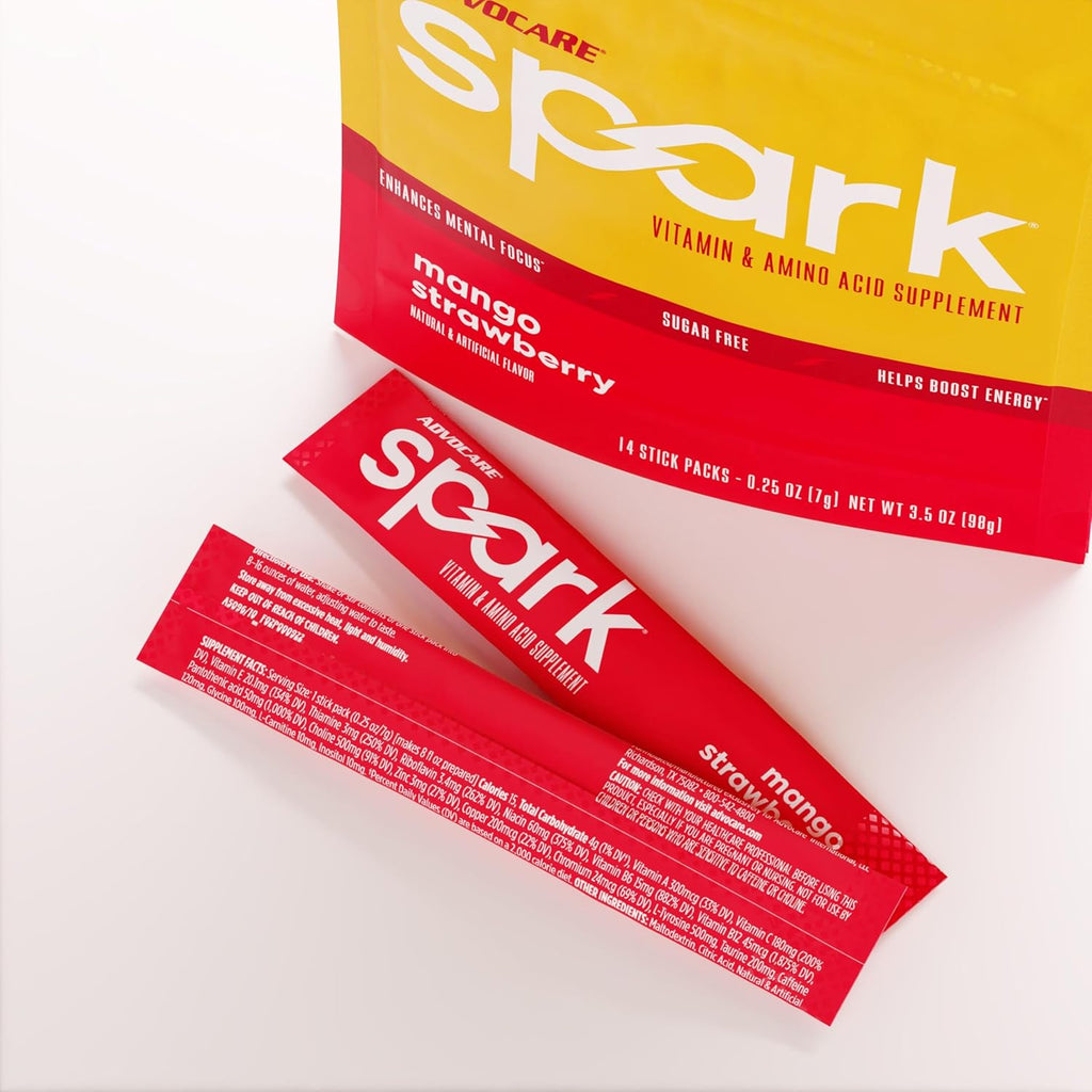 AdvoCare Spark Vitamin & Amino Acid Supplement - Focus & Energy Drink Powder Mix with Vitamin A, B-6, C & E - Also Includes L-Carnitine & L-Tyrosine - Mango Strawberry, 14 Stick Packs