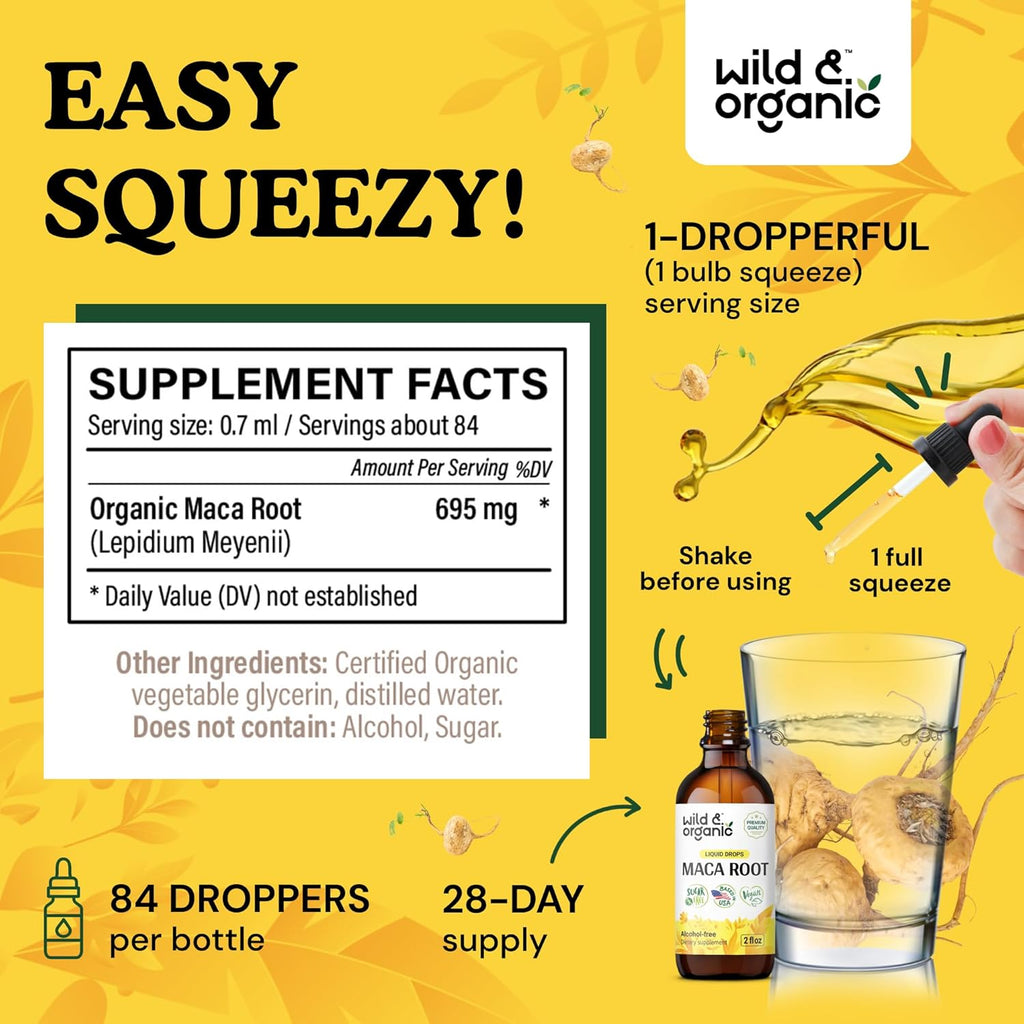 Wild & Organic Maca Root Drops for Women & Men - Mood, Focus, Active Lifestyle - Peruvian Maca Supplement - Vegan, Sugar & Alcohol-Free Tincture - 2 fl oz