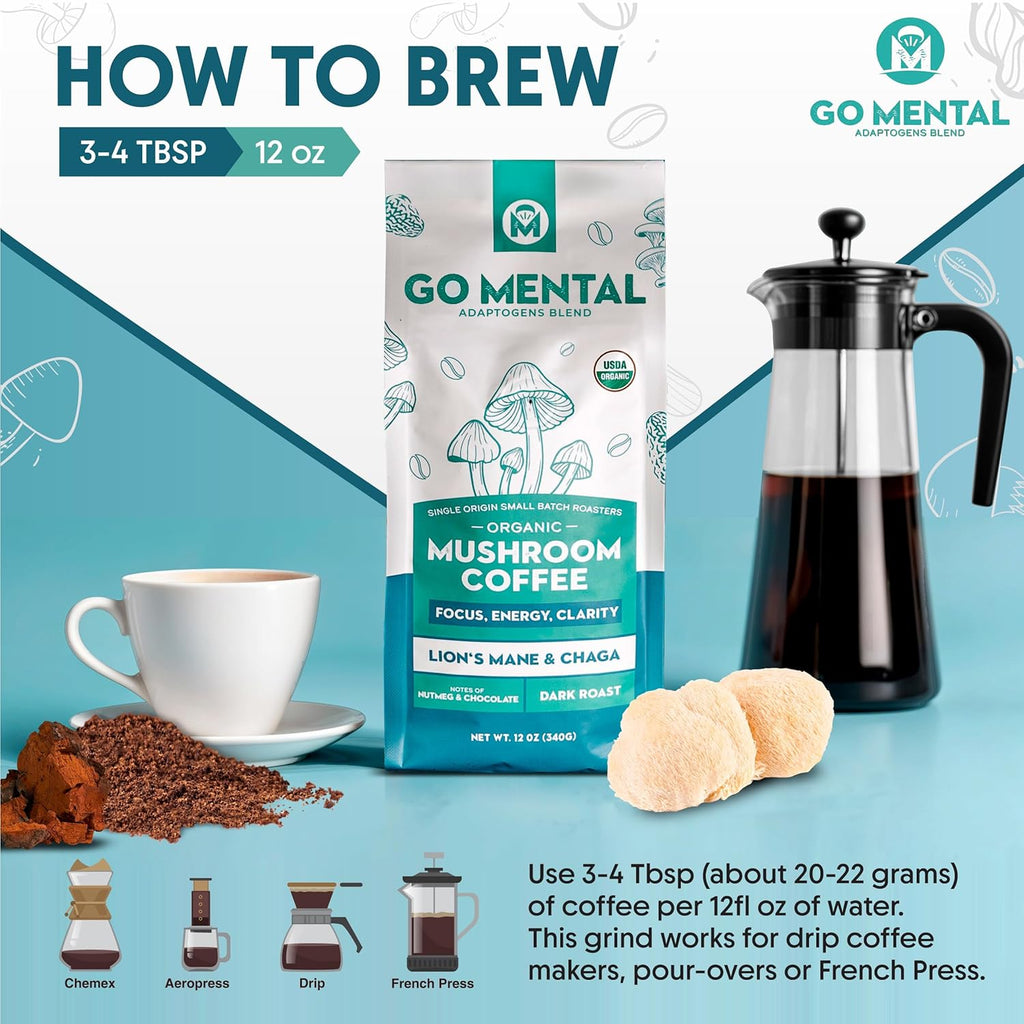 Organic Lion's Mane & Chaga Mushroom Coffee Ground Dark Roast, Full Fruiting Bodies, For Enhanced Brain Function, Immune Support, Wellbeing Grade 1 Single Origin, 12oz - Ground