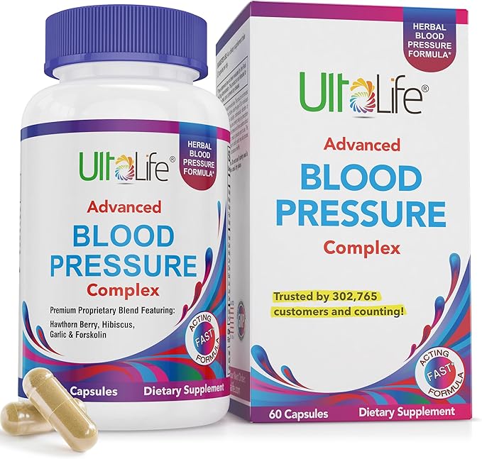 ULTALIFE Blood Pressure Supplements - Advanced Blood Pressure Supplement Complex - Hawthorn Berry, Hibiscus, Garlic, Forskolin - 14 Vitamins & Herbs, 30 Day Supply in Veggie Capsules
