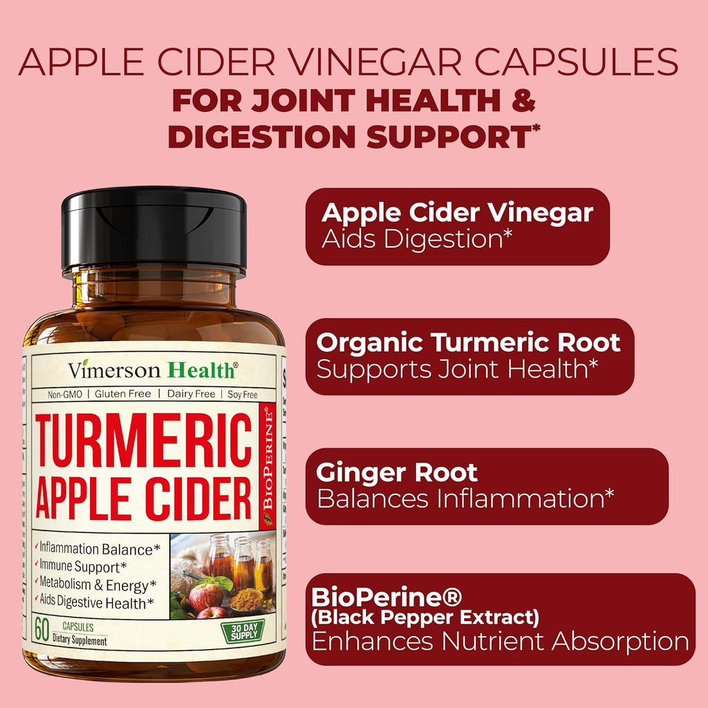 Turmeric Supplement and Organic Apple Cider Vinegar Capsules with Ginger for Joint Health, Metabolic & Digestive Support. Premium Turmeric Apple Cider Vinegar Supplements. Non-GMO. Vegan. 60 ACV Caps