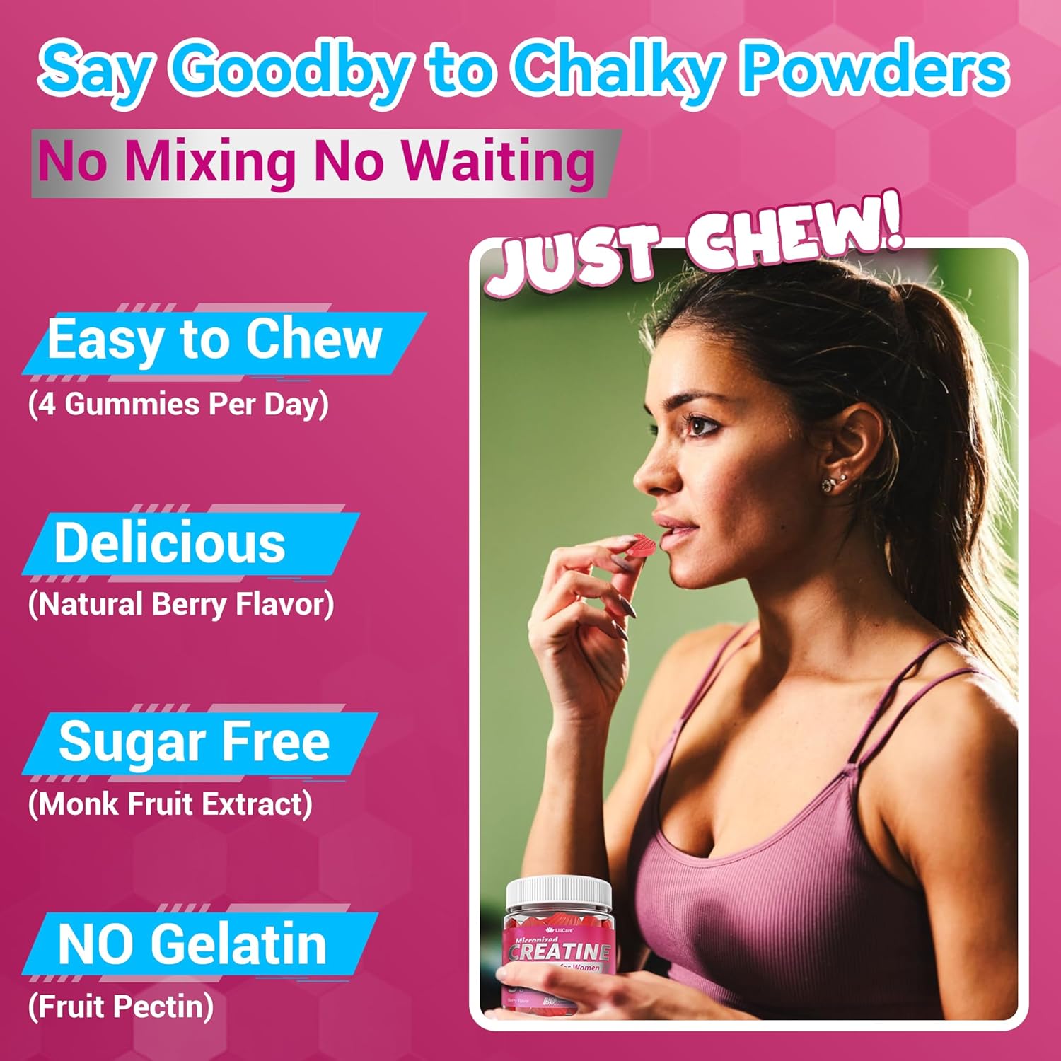 Creatine for Women Gummies, Micronized Creatine Monohydrate + Myo-Inositol, Collagen Peptides, BCAAs, Hyaluronic Acid, Vitamin B6 B12, Zinc for Enërgy, Föcus, Hörmonal Balance, Sugar Free, 120 Counts