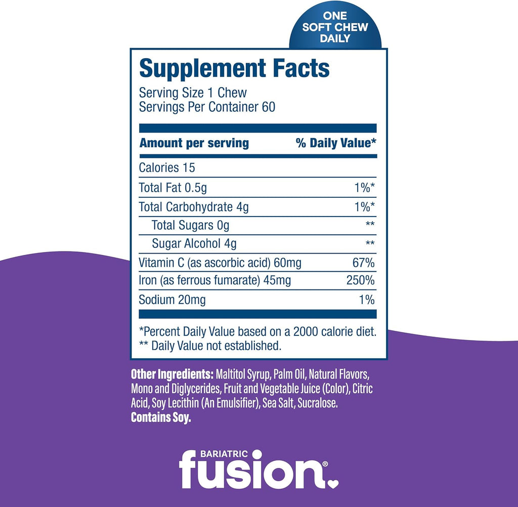 Bariatric Fusion Iron Supplement for Women Anemia | Chewable Iron with Vitamin C | Grape Flavored Soft Chew | Gentle on Stomach Ferrous Fumarate for Women and Men | Gluten Free | 60 Count