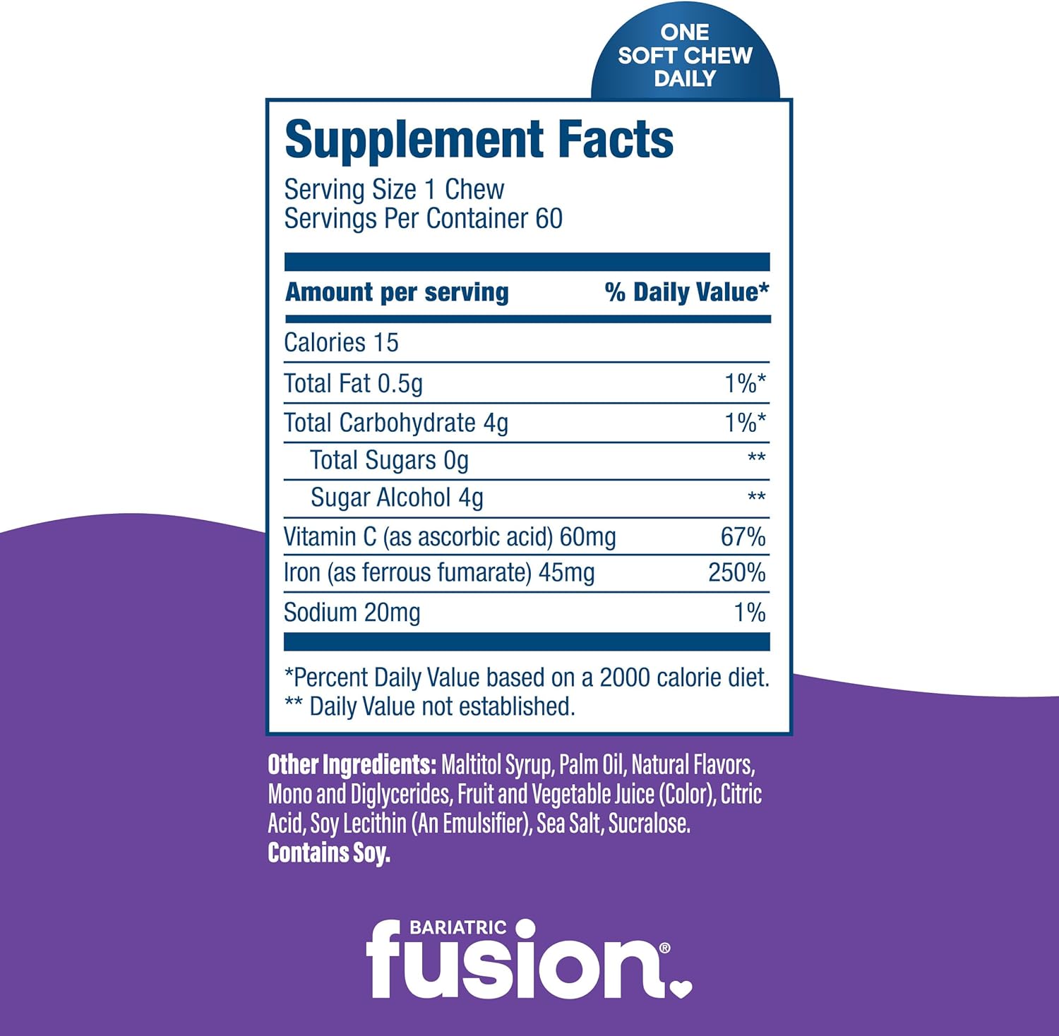 Bariatric Fusion Iron Supplement for Women Anemia | Chewable Iron with Vitamin C | Grape Flavored Soft Chew | Gentle on Stomach Ferrous Fumarate for Women and Men | Gluten Free | 60 Count
