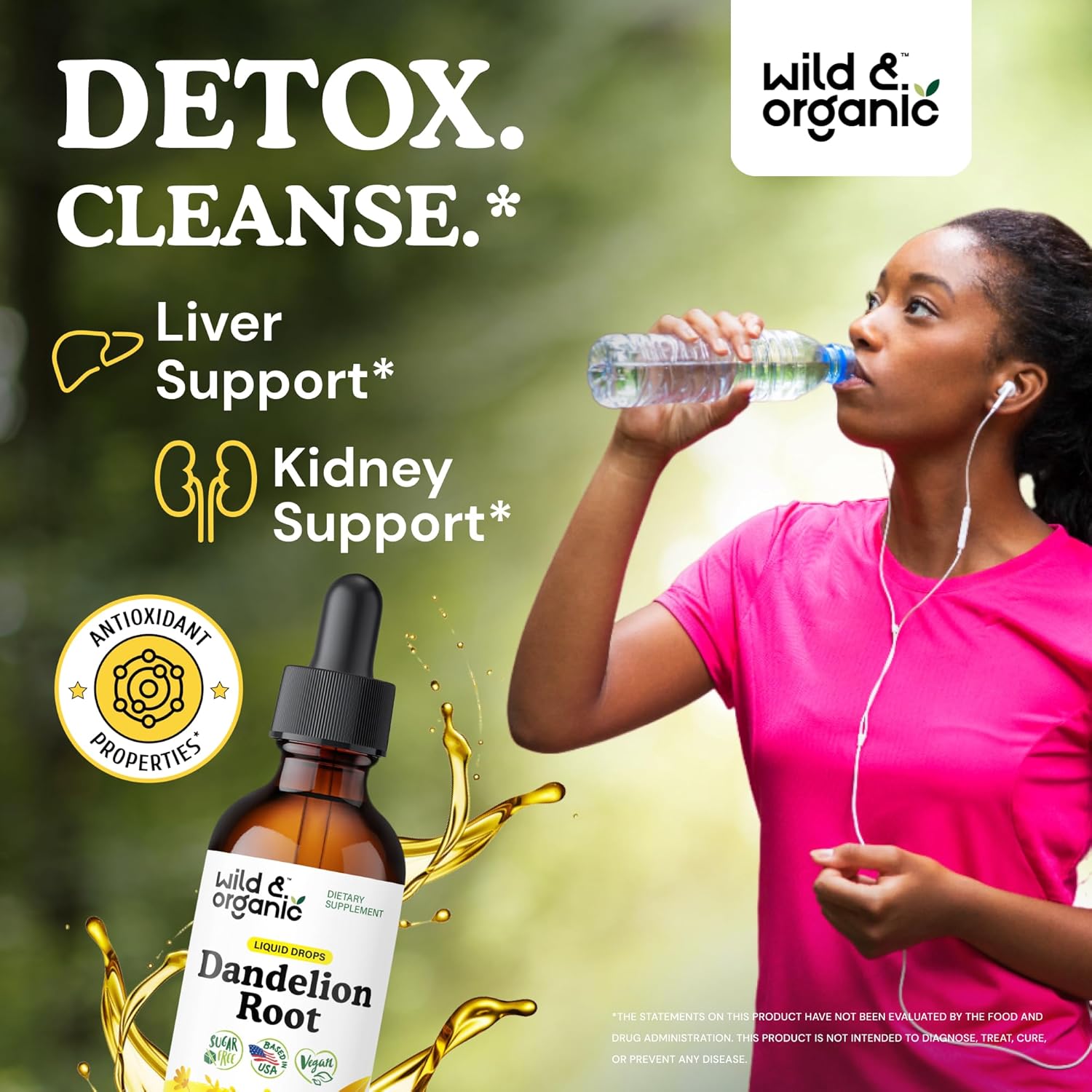 Wild & Organic Dandelion Root Supplement Drops - Liver Cleanse Support - Dandelion Root Tincture for Liver Detox - Vegan, Sugar & Alcohol-Free Liquid Extract - 2 fl oz