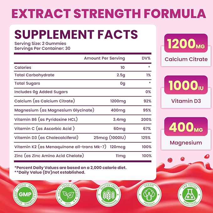 Calcium Citrate Gummies 1200mg, High Absorption Calcium Supplements for Women & Men, Sugar Free Calcium Gummies for B0ne, Muscle & Immune Support, Non-GMO, Vegan, Raspberry Flavor, 60 Count
