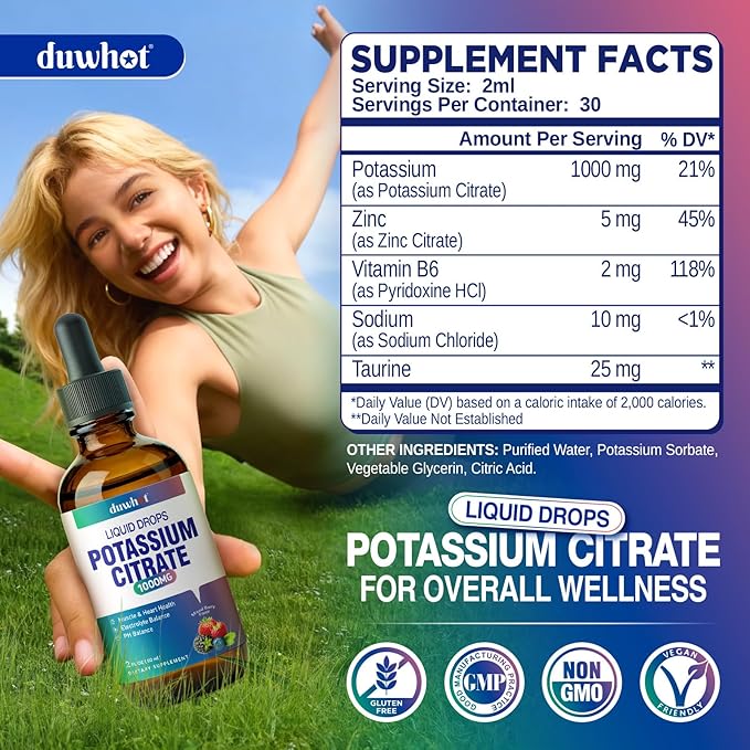 Liquid Potassium Citrate Supplement, Potassium 1000mg Drops for Women & Men, with Zinc Citrate, Vitamin B6, Sodium & Taurine, High Potassium Electrolytes, 2 Fl Oz