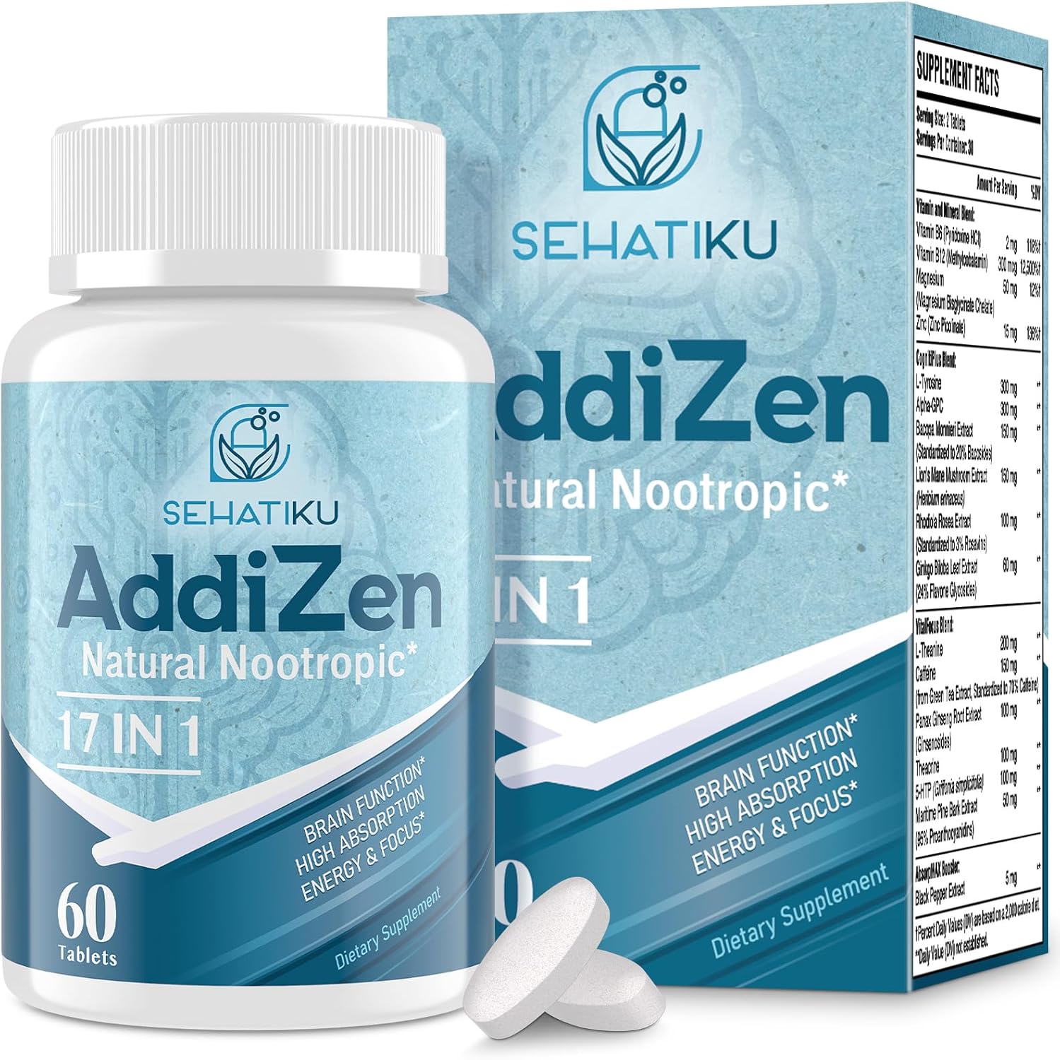 17-in-1 Brain Supplement for Memory and Focus | Natural Nootropics Brain Supplement for Brain Cognition | High Absorption | L-Theanine, Phytonutrient Blend and Vitamins B6, B12 | 60 Tablets