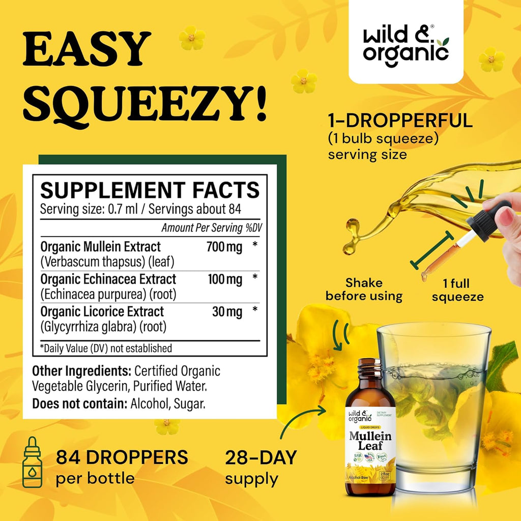 Wild & Organic Mullein Drops for Lungs - Lung Detox and Cleanse - Liquid Mullein Leaf Tincture with Echinacea & Licorice Root - Vegan, Sugar & Alcohol-Free Extract Supplement - 2 fl oz