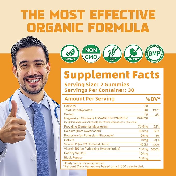 Magnesium Glycinate Gummies 1000mg - Sugar Free Magnesium Potassium Supplement with Vitamin D, B6, CoQ10 for Calm Mood & Sleep Support - 120 Orange Gummies 2 Pack