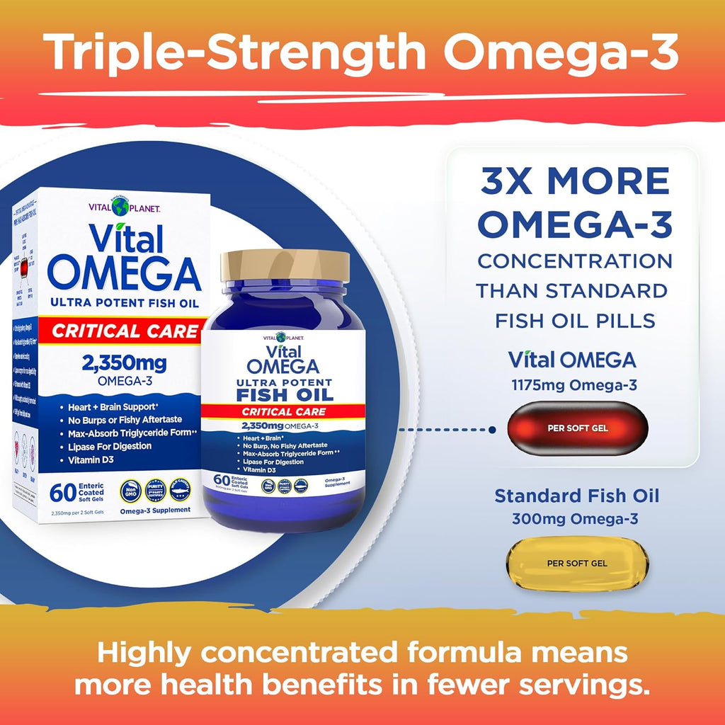 Vital Planet - Vital Omega 3 Fish Oil Critical Care Supplement with 2350mg of High Potency Wild Caught Omega 3 Fatty Acid Supplements EPA DHA and DPA for Heart Health 60 Softgels (Packaging May Vary)