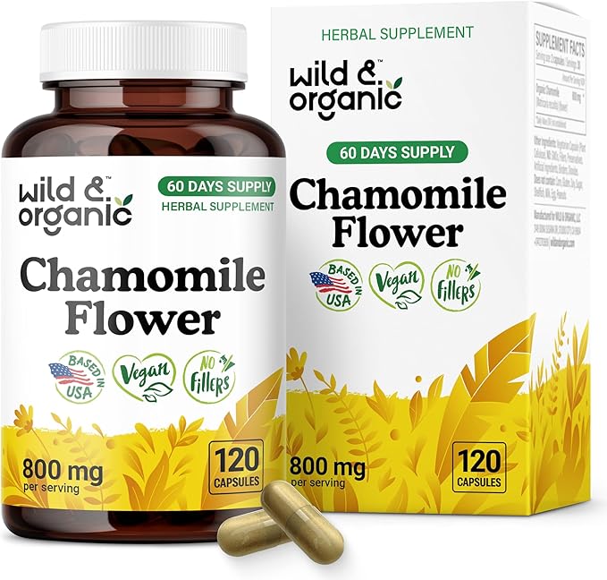 Wild & Organic Chamomile Extract Capsules 800 mg - Relaxation & Digestive Support - Chamomile Flower Extract Supplement - Matricaria Recutita Herb - Vegan, No Fillers, Non-GMO - 120 Count