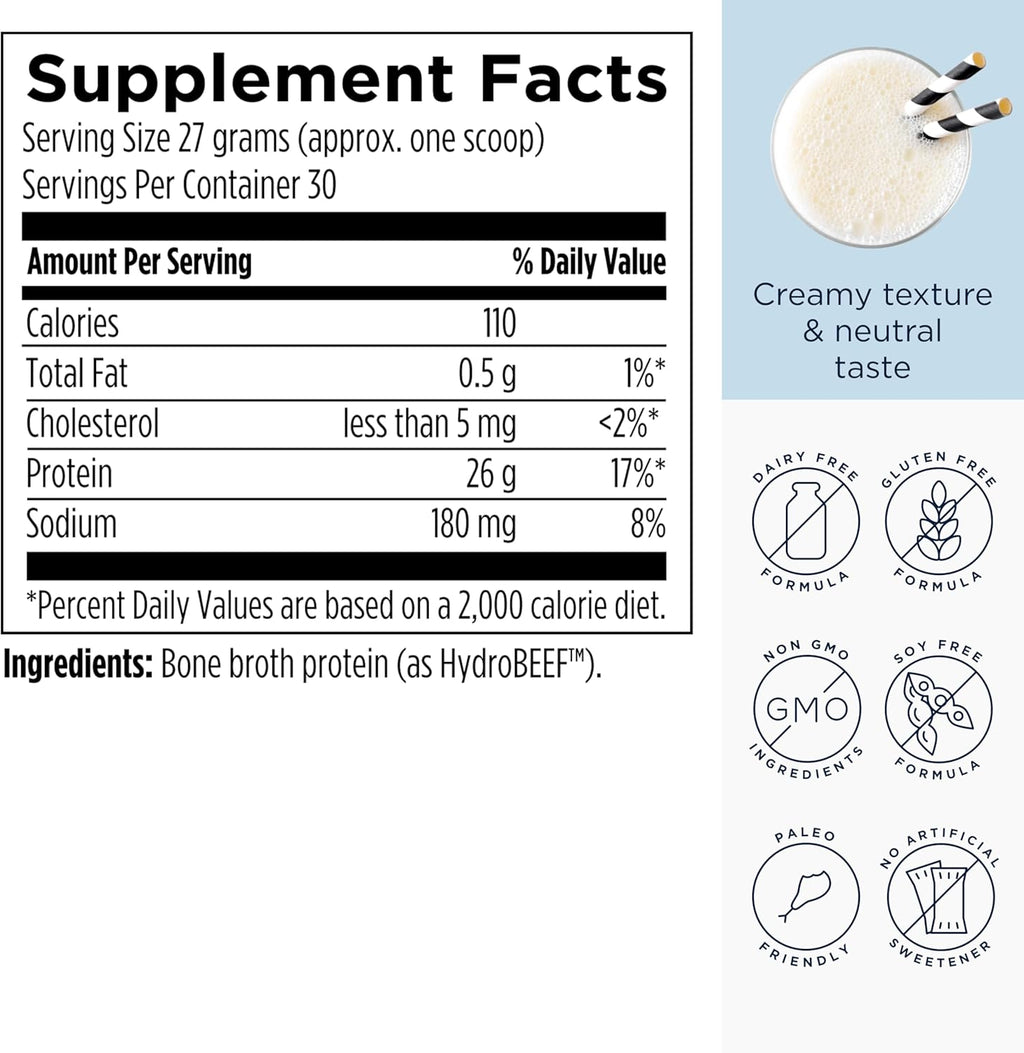 Designs for Health PurePaleo Collagen Protein Powder - 26g HydroBEEF Bone Broth Protein Supplement with Collagen Peptides + BCAAs - Unflavored, Non-GMO, Dairy-Free + Gluten-Free (30 Servings / 810g)