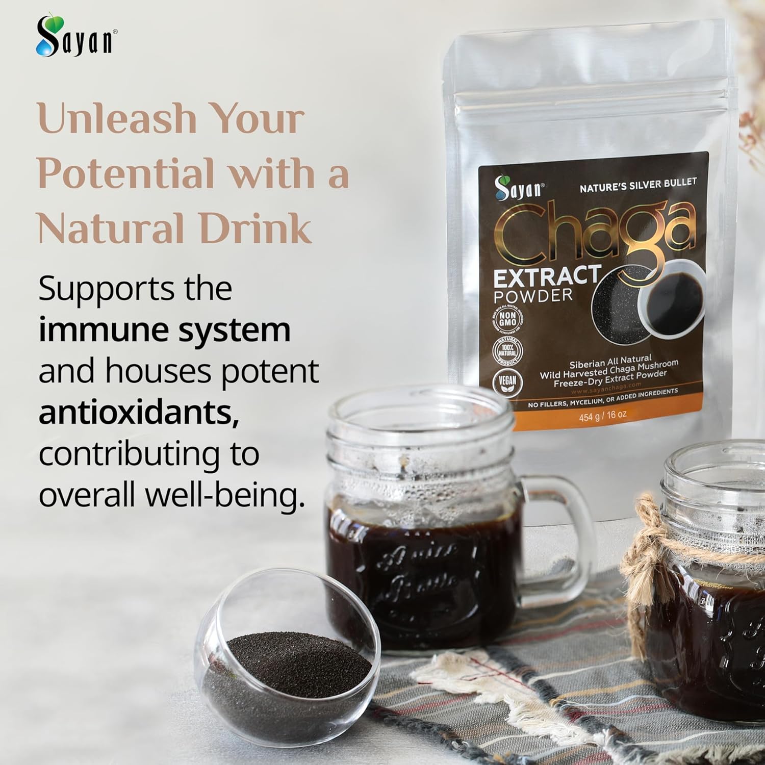 Sayan Chaga Mushroom Extract Powder (1 Lb) – Freeze Dried Siberian Wild Harvested - Organic Antioxidant Tea for Immune and Digestion Support - Focus, Energy, Clarity, Wellness - No Additives