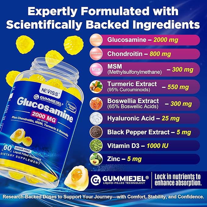 NEVISS Sugar Free Glucosamine Filled Gummies - Glucosamine Supplement Plus Chondroitin, MSM, Turmeric, Boswellia, Hyaluronic Acid, Vitamin D3 & Zinc, 120 Gummies, 60 Servings