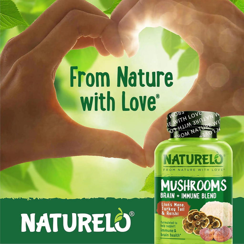 NATURELO Mushroom Supplement – Brain & Immune Health Blend with Lion’s Mane, Reishi, Turkey Tail – 90 Vegan Friendly Capsules (Pack of 2)