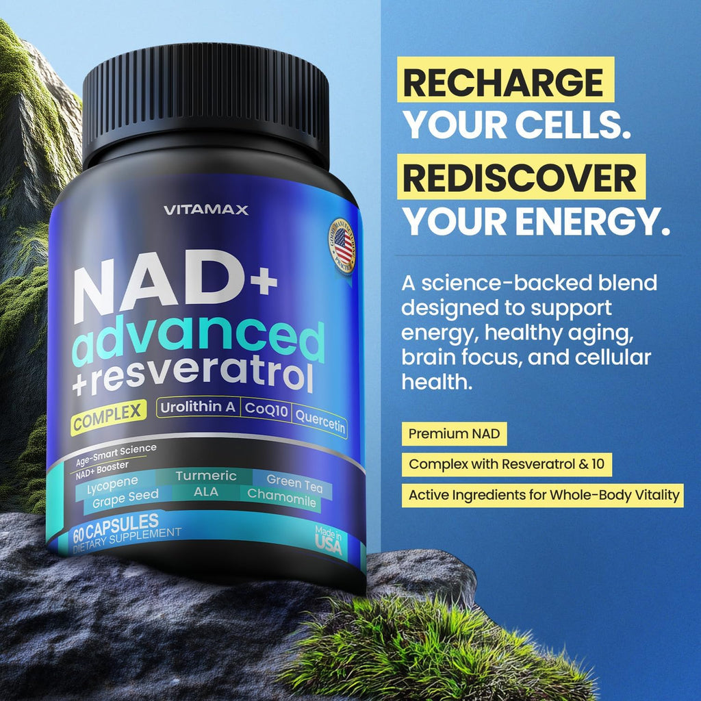 NAD+ Supplement Extra Strength - Liposomal + Resveratrol for Women & Men, CoQ10, Alpha Lipoic Acid, Green Tea, Quercetin, Urolithin A, Lycopene – High Purity Anti-Aging, Energy & Regeneration – 60ct