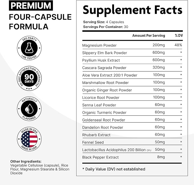 16 in 1 Slippery Elm Bark for Women & Men - Digestive Health & Leaky Gut Wellness Supplement - Probiotic, Psyllium Husk, Cascara, Magnesium & Marshmallow Root Complex - DGL Licorice Extract Capsules
