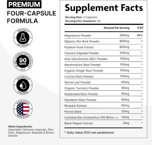 16 in 1 Slippery Elm Bark for Women & Men - Digestive Health & Leaky Gut Wellness Supplement - Probiotic, Psyllium Husk, Cascara, Magnesium & Marshmallow Root Complex - DGL Licorice Extract Capsules