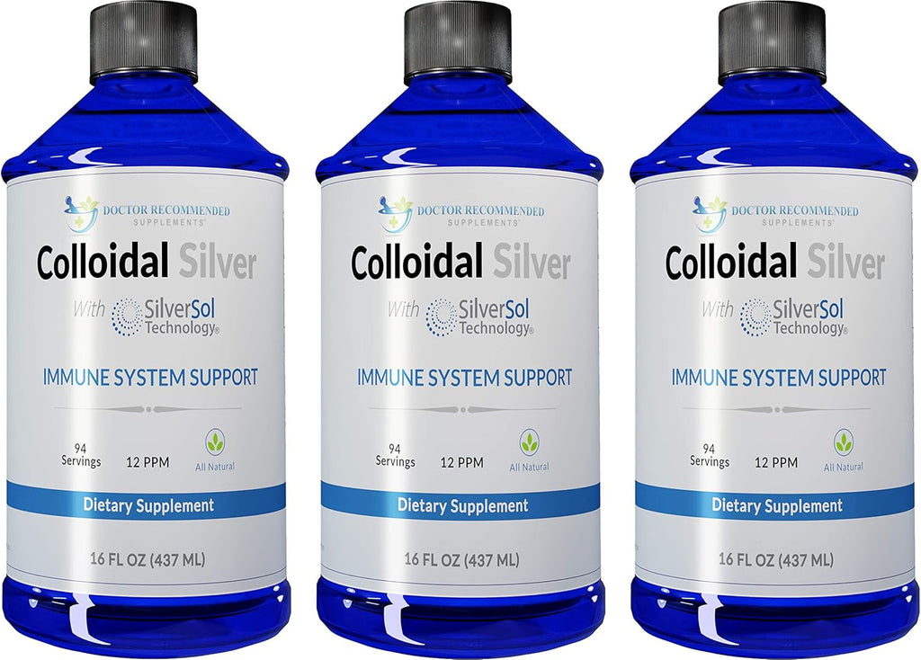 Colloidal Silver Liquid - 12 PPM Premium Silver Solution, 60 MCG Per Serving, All Natural, Vegan Immune System Support, Ionic Silver Water Daily Mineral Supplement (3-16 Fl oz Bottles)