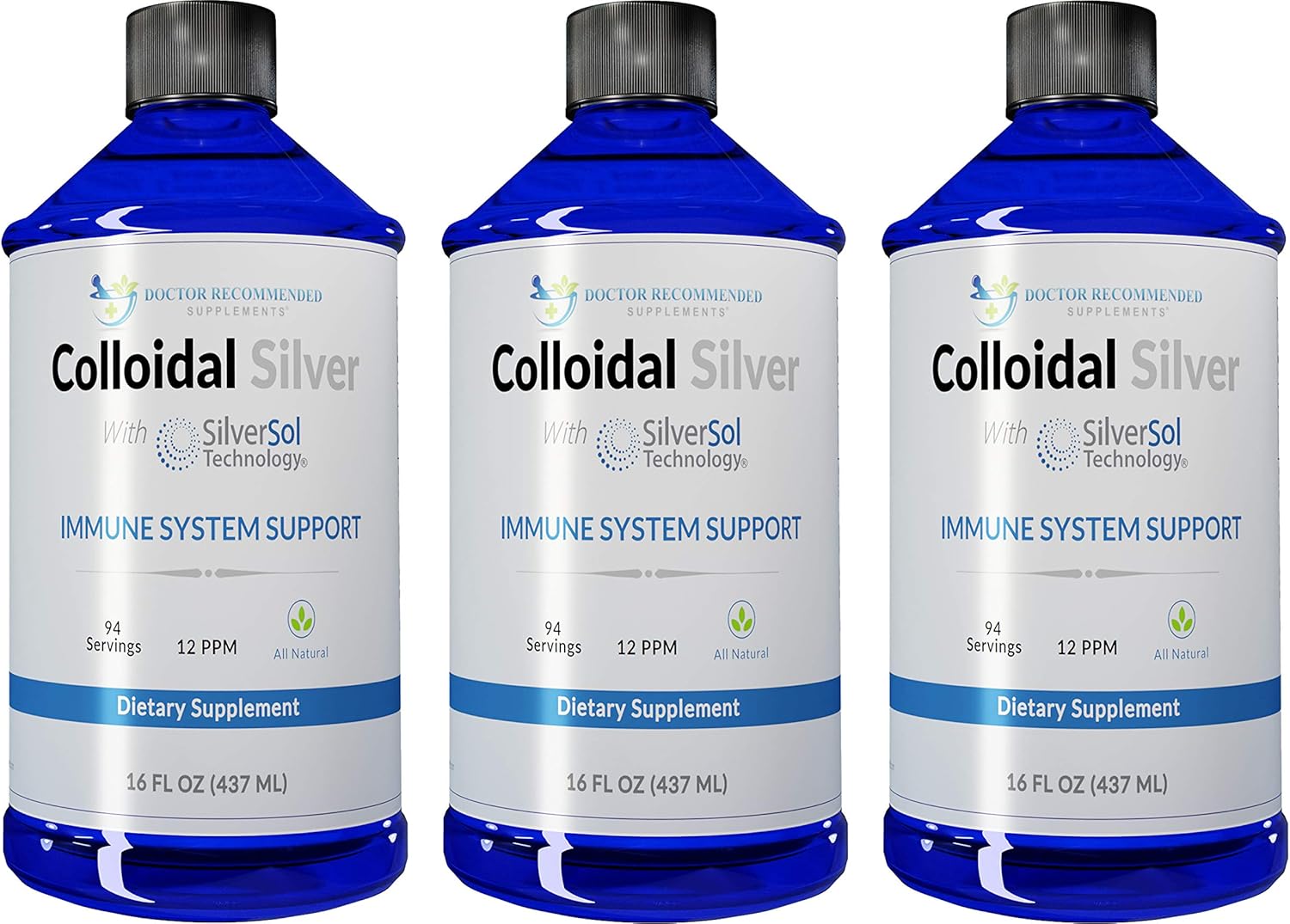 Colloidal Silver Liquid - 12 PPM Premium Silver Solution, 60 MCG Per Serving, All Natural, Vegan Immune System Support, Ionic Silver Water Daily Mineral Supplement (3-16 Fl oz Bottles)