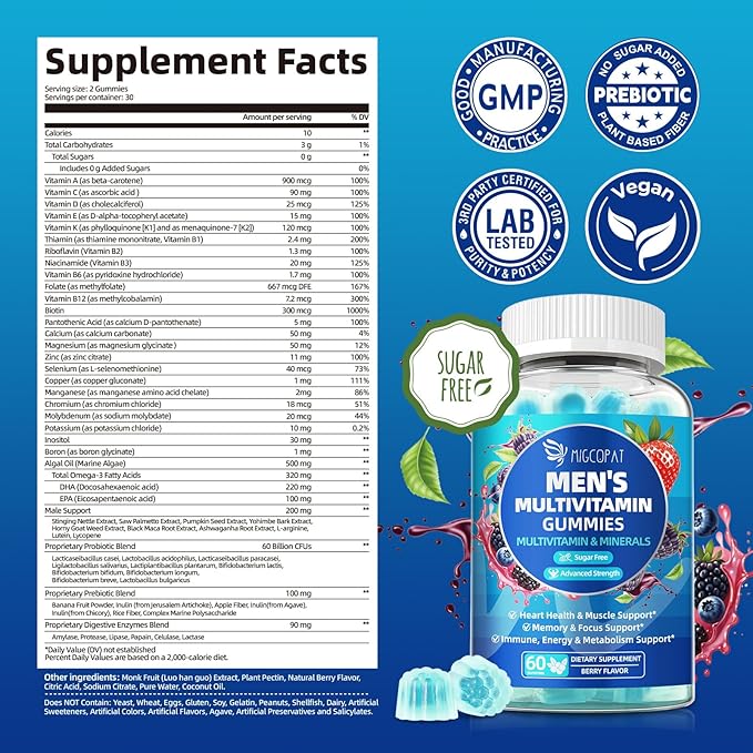 2-Pack Multivitamin for Men, Mens Multivitamins Gummies w/Omega-3, Probiotics, Inositol, Folate, Male Support Blend, Vitamins A, C, D, E, B - Support Heart, Brain, Muscle, Energy, Sugar-Free