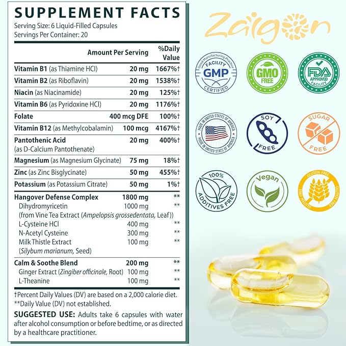 Zaigon Liposomal DHM Supplements, 1000mg dihydromyricetin with l-cysteine, Milk Thistle, Electrolytes, Ginger, NAC, L-Theanine & Vitamin B for Recovery After Drinking & Liver Support, 120 Capsules