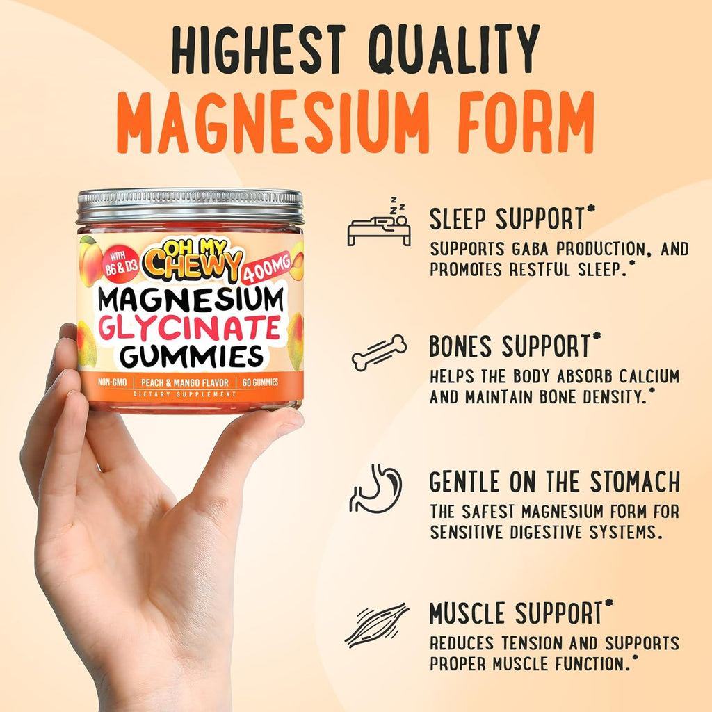 Center-Filled Magnesium Glycinate Gummies 400MG - High Absorption for Kids, Teens & Adults - Supplement for Sleep, Calm & Muscle Relaxation with B6 & D3 - Gluten Free & Vegan Friendly - 120 Count