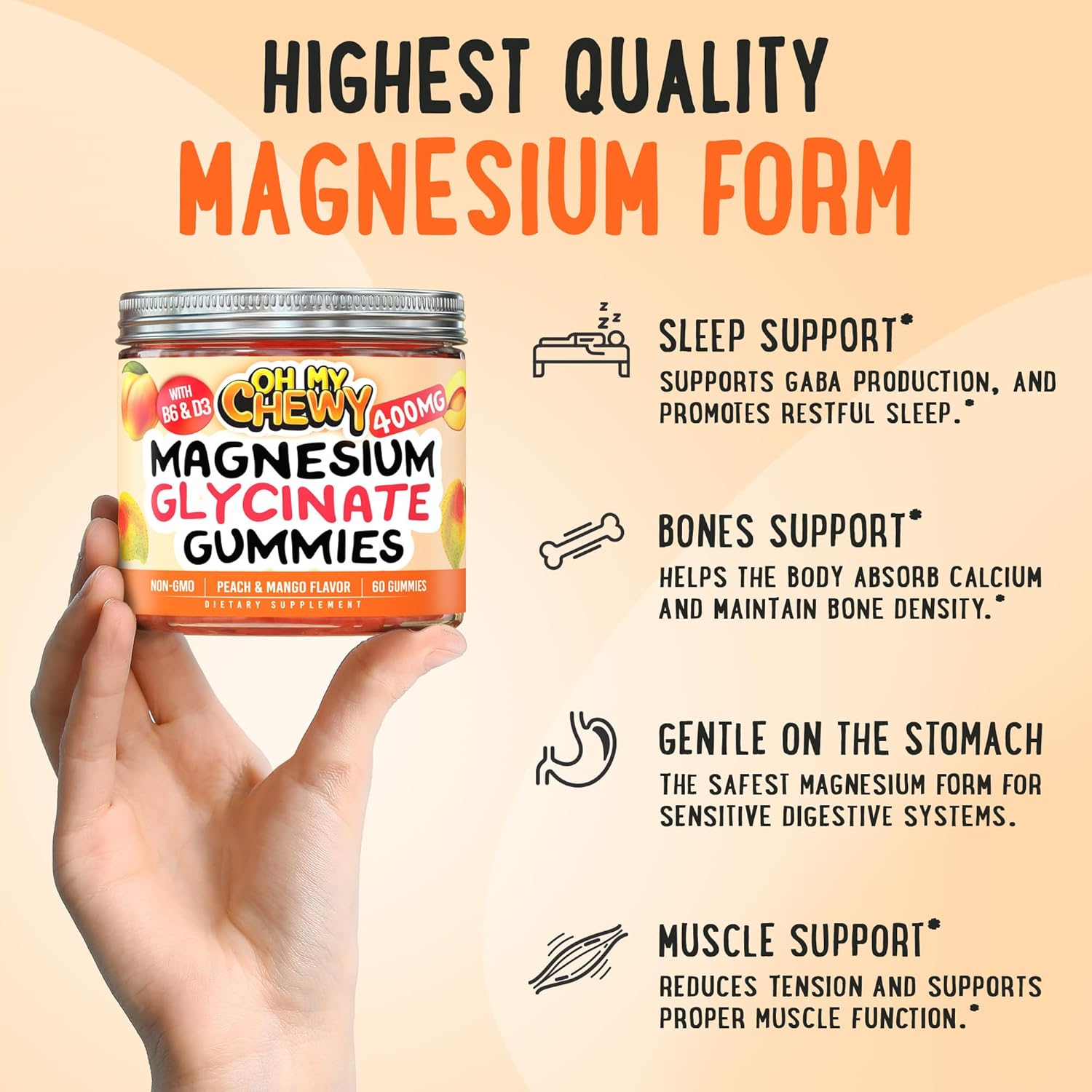 Center-Filled Magnesium Glycinate Gummies 400MG - High Absorption for Kids, Teens & Adults - Supplement for Sleep, Calm & Muscle Relaxation with B6 & D3 - Gluten Free & Vegan Friendly - 120 Count