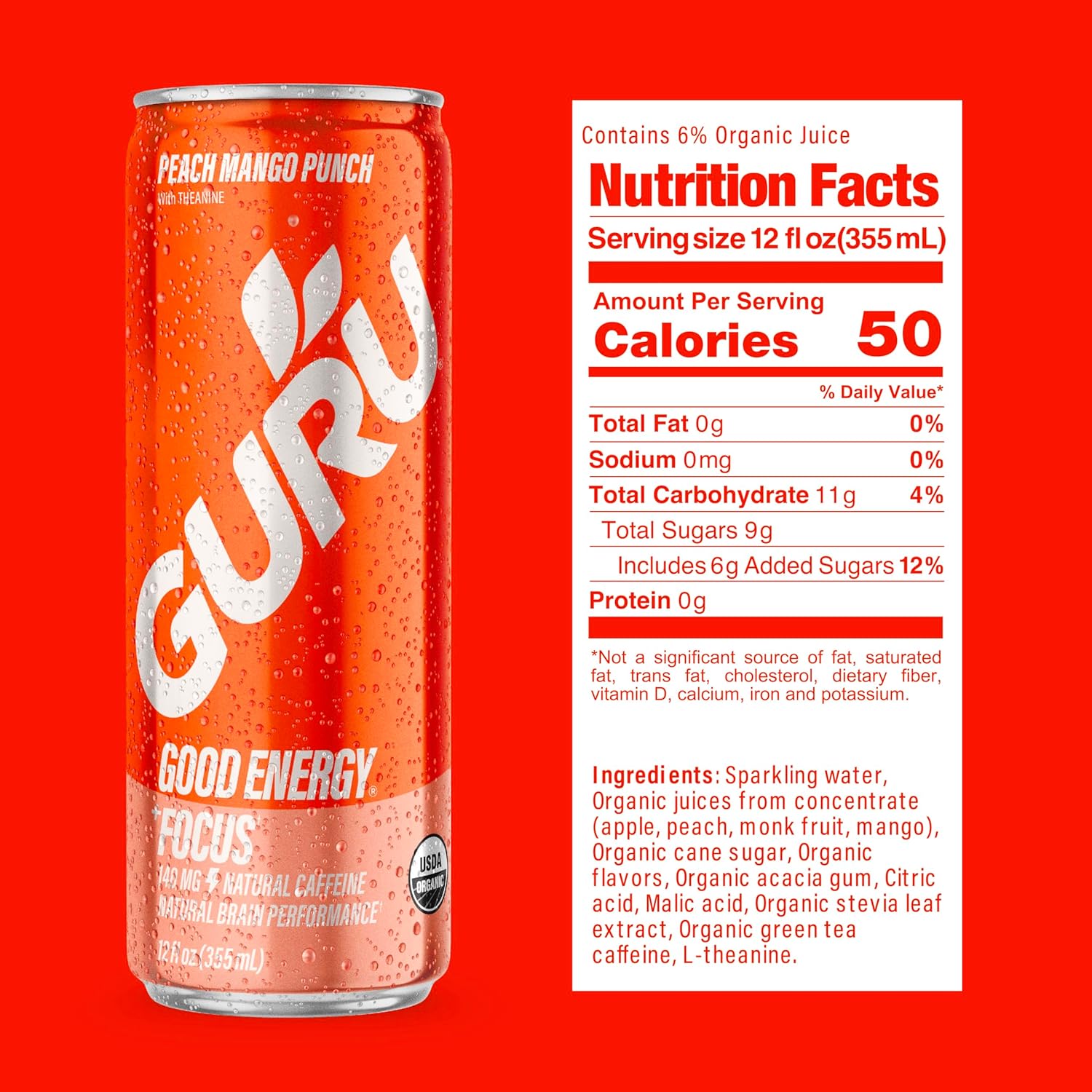 GURU Peach Mango Punch Organic Energy Drinks, Clean Energy Drink with Plant Based Natural Caffeine from Green Tea + Focus with L Theanine, Gluten Free and Vegan, 140MG Caffeine, 12oz (Pack of 12)