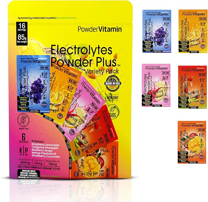PowderVitamin Electrolytes Powder Plus, Keto, Variety Pack B, Sugar Free, Pink Himalayan Salt, 1000mg Potassium, 120mg Calcium, 120mg Magnesium, Non-GMO, Zero Calories, (16 Hydration Packets)