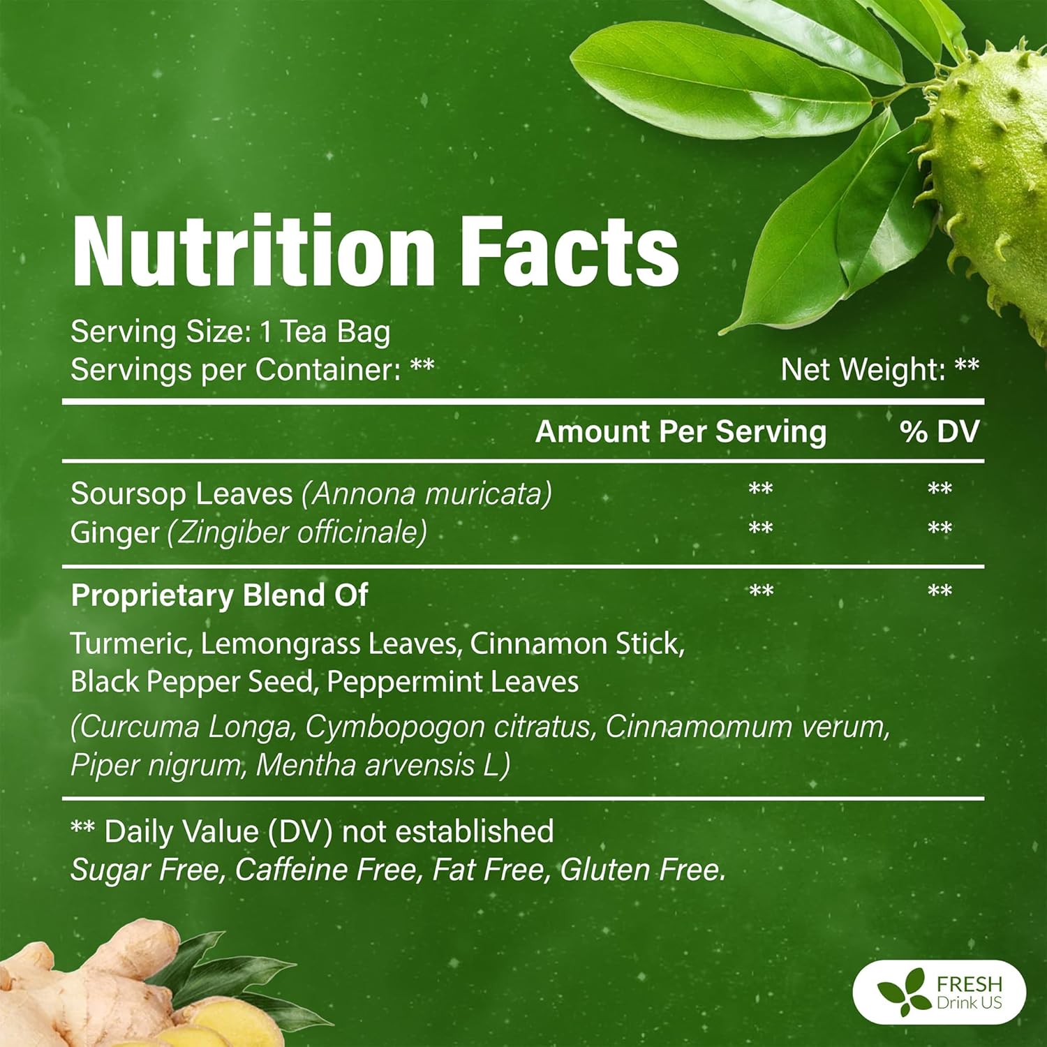 FreshDrinkUS, Super Soursop Herbal Tea – 60 Tea Bags | Soursop, Ginger, Turmeric, Lemongrass, Cinnamon, Black Pepper & Peppermint | Caffeine-Free, Natural Flavor, Plant-Based Blend | Sugar-Free