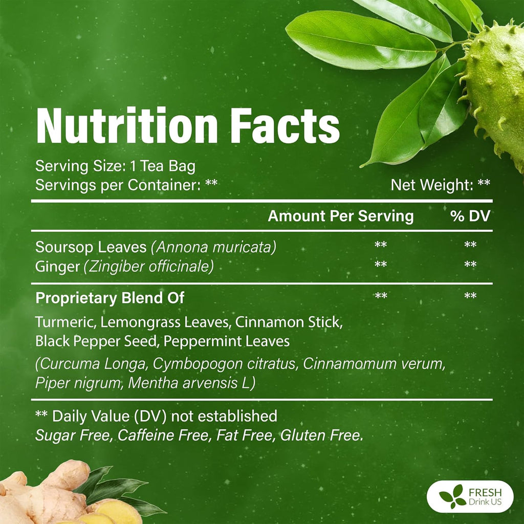 FreshDrinkUS, Super Soursop Herbal Tea – 40 Tea Bags | Soursop, Ginger, Turmeric, Lemongrass, Cinnamon, Black Pepper & Peppermint | Caffeine-Free, Natural Flavor, Plant-Based Blend | Sugar-Free