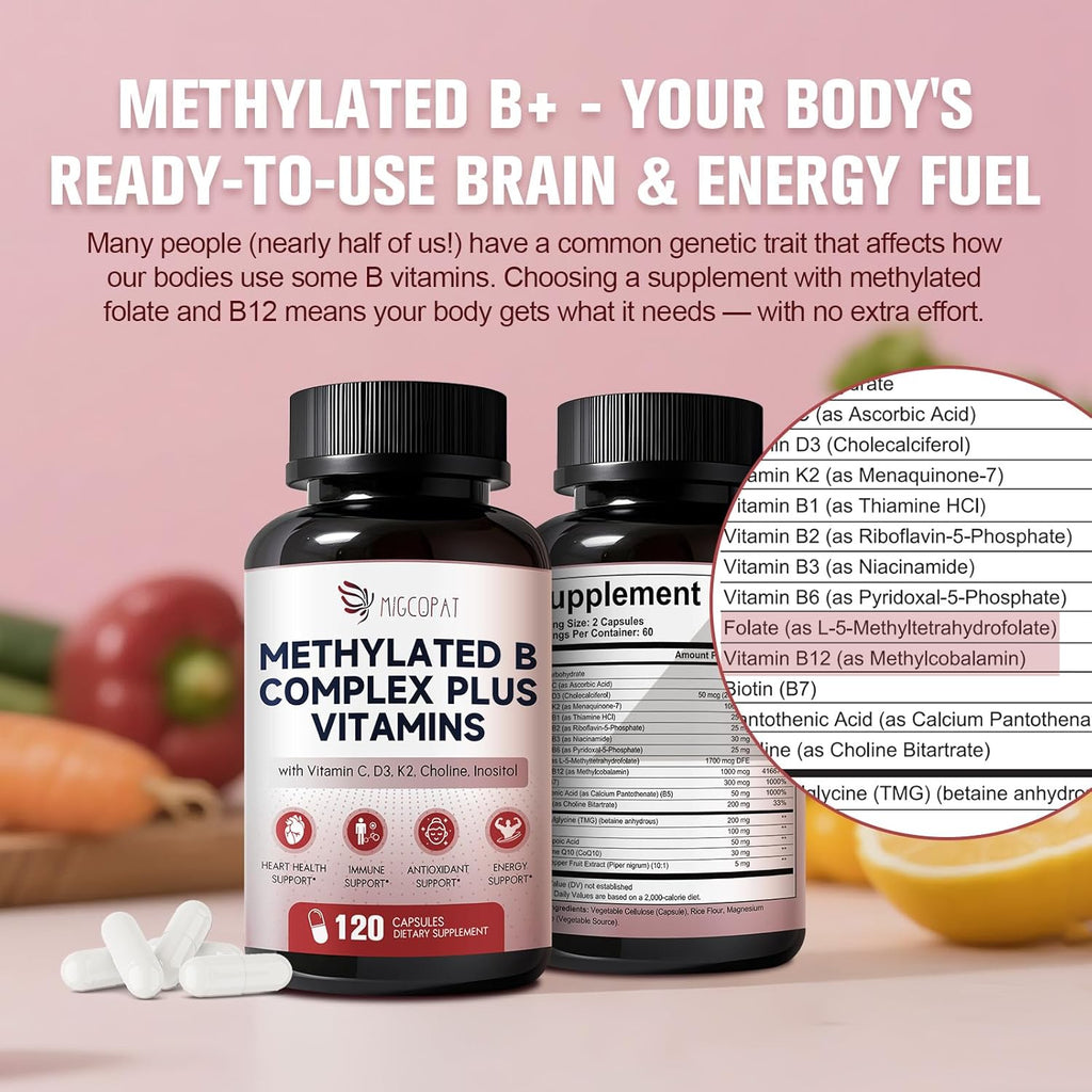 16-in-1 Methylated Multivitamin Plus, Methylated B Complex with Vitamin B12 & Methylfolate, B1-B7, CoQ10 & Alpha Lipoic Acid, Vitamin B Complex for Energy, Brain, Heart, Immunity& Antioxidant,120 Caps
