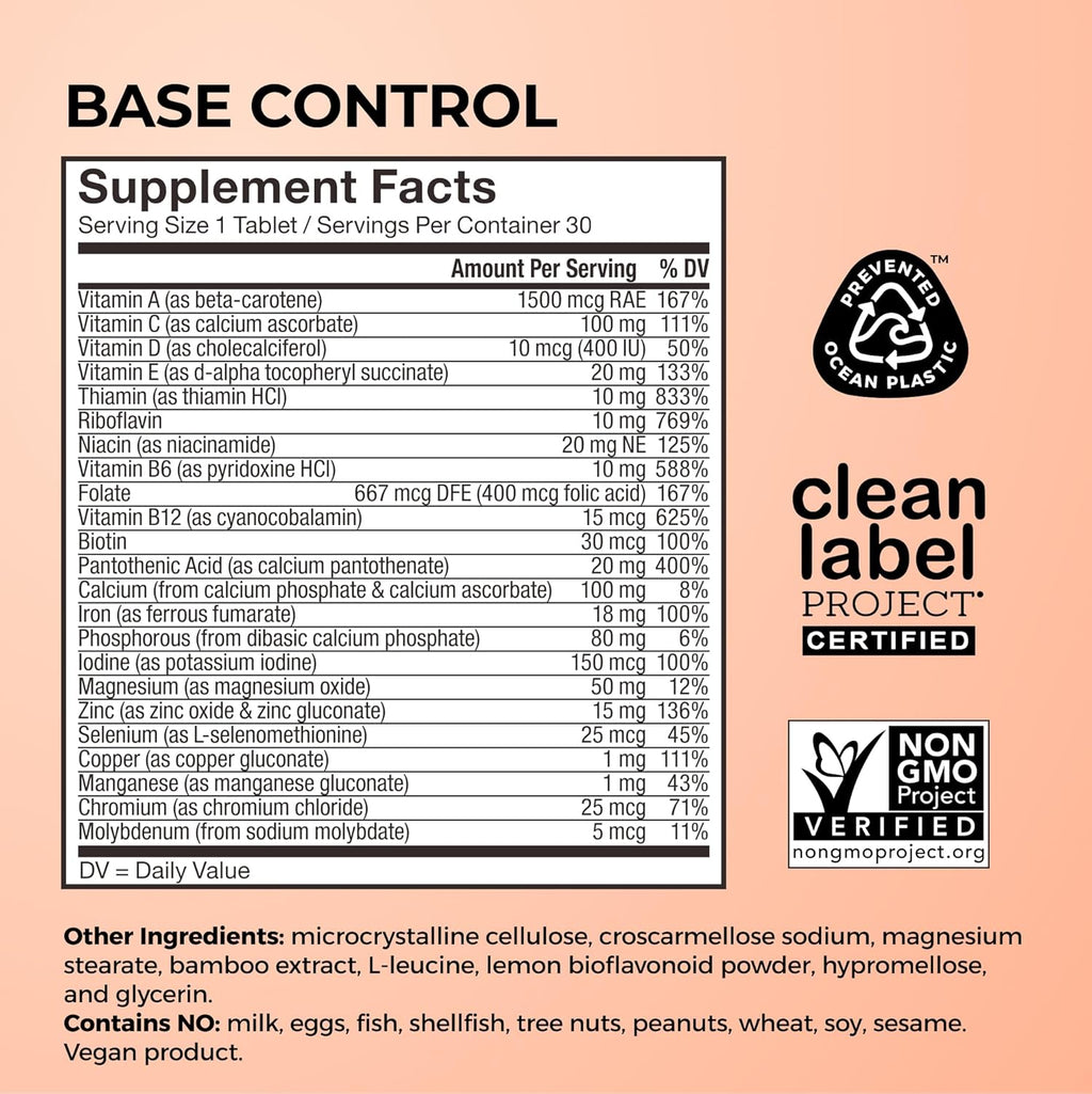 HUM Base Control Multivitamin for Women with Vitamin C, Iron, Biotin, Zinc, B Complex, Daily Women's Multivitamin, 22 Essential Vitamins & Minerals, Support for Pre-Menopause, Gluten Free, 30 Capsules