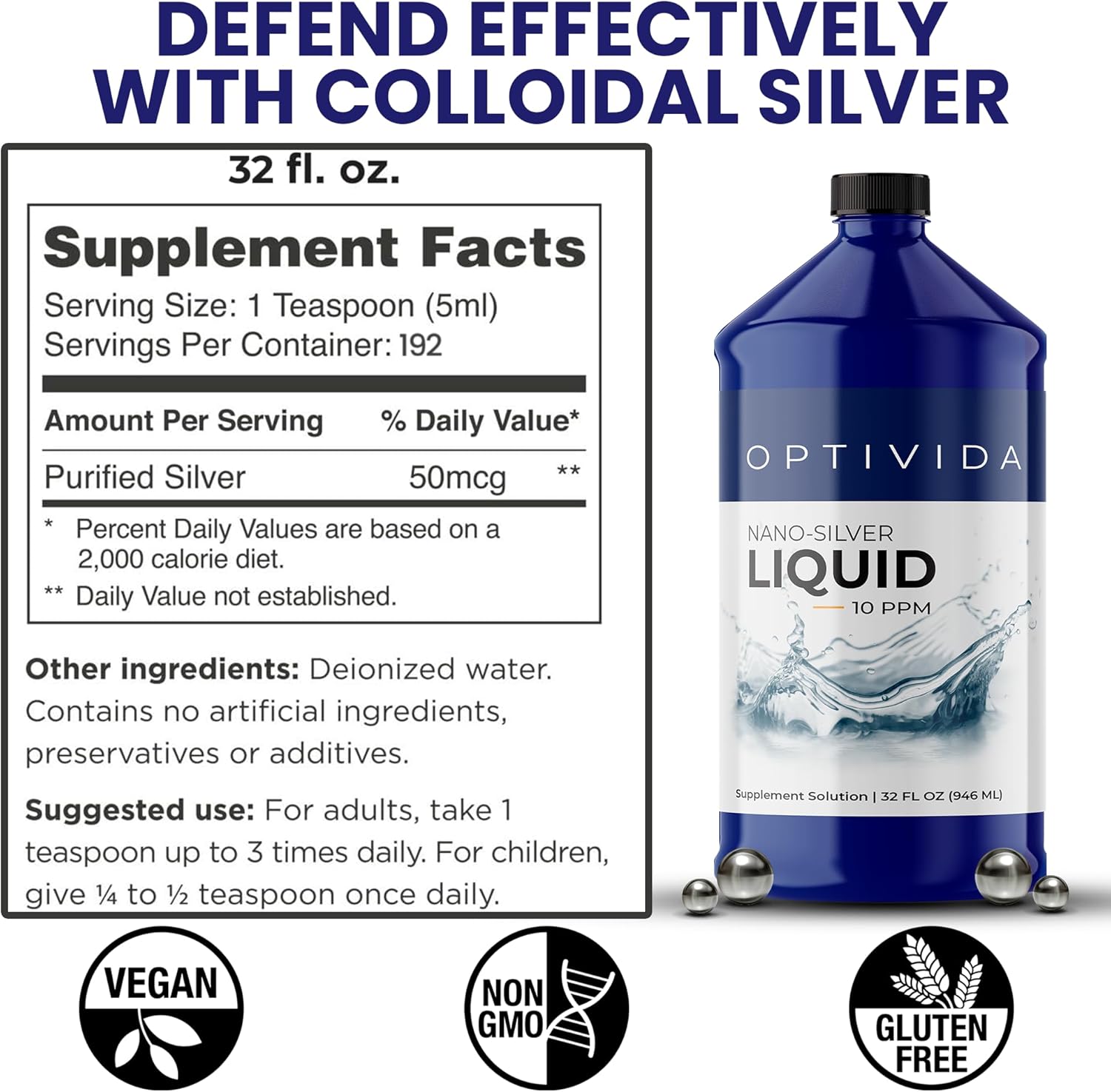 Optivida Health Colloidal Silver Liquid (32 oz) – Immune Support Supplements with Silver Hydrosol, Liquid for Immune Support, Colloidal Silver for Immune System.